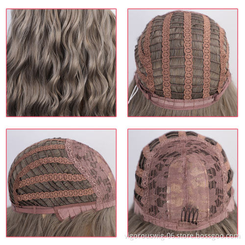 Vigorous Synthetic Long Gray Wigs with Bangs Water Wave Heat Resistant Black Brown Pink Purple Cosplay Wigs for Women